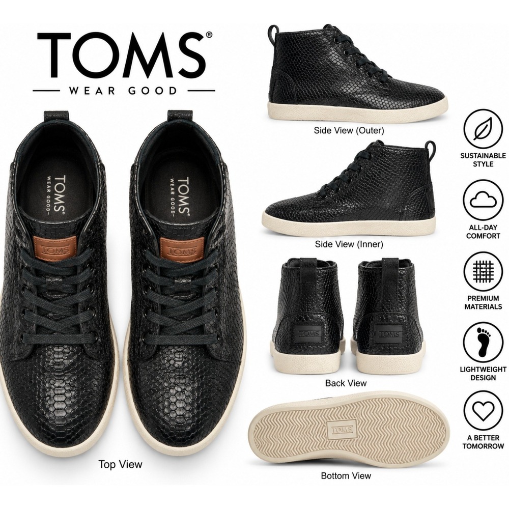 Toms Womens High Top Snakeskin Shoe size 7 Black Paseo Lace Up Casual Sneaker